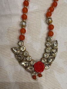 Orange Beaded Necklace with Crystal Pendant