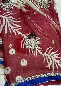 Elegant Red Saree with White Print