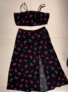 Berrylush Black Cherry Print Crop Top & Skirt Set