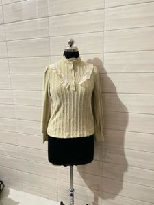 korean Imported Chic Ribbed Ruffle Neck Long Sleev