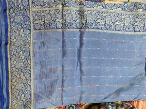 Elegant Blue Floral Cotton Silk Saree