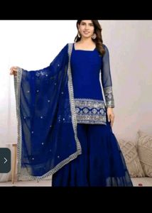 Royal Blue Embroidered Kurta Sharara Set