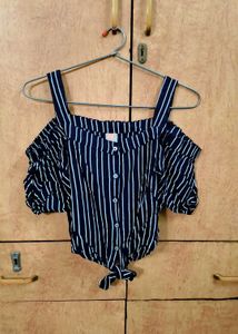 Black &amp; White Striped Cold-Shoulder Girls Top