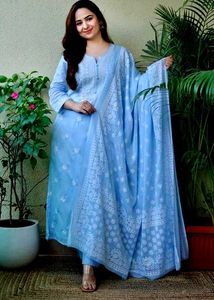 New Embroidered Blue Cotton Kurta