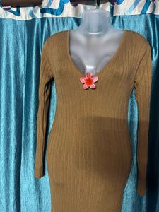 Brown Ribbed Knit Bodycon Dress