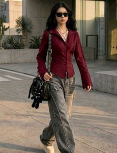 New with tag Korean Elegant Burgundy Button-Up Shi