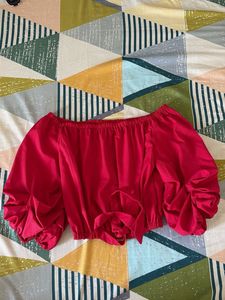 Red Off-Shoulder Crop Top with Puff Sleeves