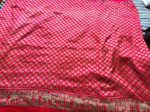 Vibrant Red Saree with Intricate Gold Print