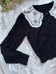Black Cardigan with White Embroidered Collar