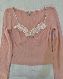 Pink Lace Trim Long Sleeve Top
