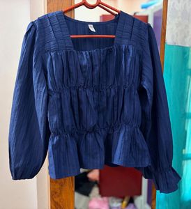 Chic Navy Blue Square Neck Smocked Top