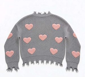 SWEATER WITH PINK HEART PATCHES &amp; DISTRESSED
