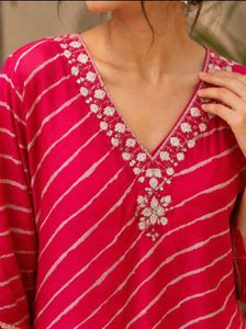 Vibrant Pink Striped Kurta with Embellished Neckli