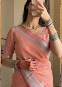 Elegant Peach Check Cotton Saree