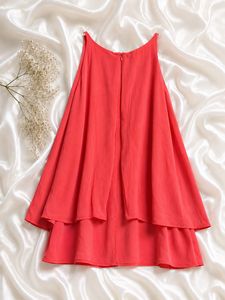 Chic Coral Layered Top with Embellished Neckline