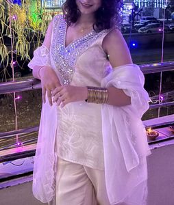 Elegant Beige Kurta Set with Mirror Work