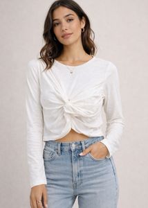 White Twist Front Long Sleeve Crop Top