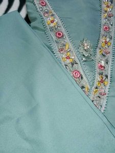 Green Embroidered Dress Material Set