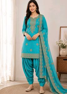 Teal Kurta Set with Gold Embroidery