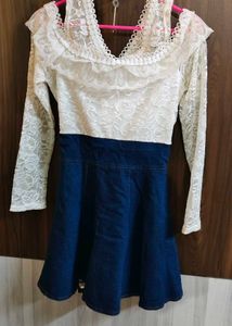 White Lace &amp; Denim Dress