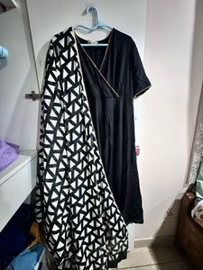 Black anarkali set with handblock print dupatta