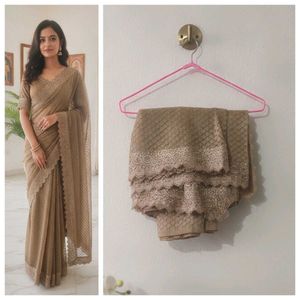 Elegant Brown Net Saree with Lace Border