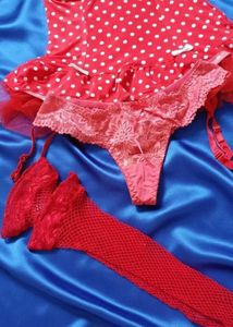 Red Polka Dot Bustier &amp; Thong, fishnet stockings