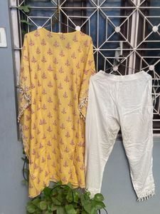 Yellow Printed kaftan Kurta Set with Pants