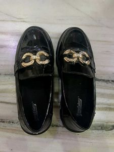 Black Patent Loafers with Gold Buckle