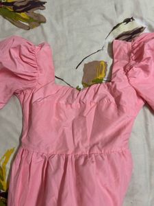 Pink Puff Sleeve Square Neck Dress