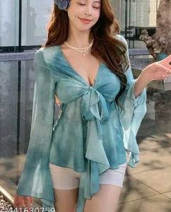 Chic Tie-Front Blue Tie-Dye Blouse
