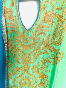 Mint Green &amp; Blue Embroidered Ethnic Gown/anarkali