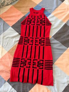 Red Halter Neck Geometric Print Dress