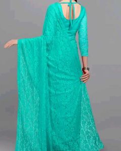 Stunning Teal Lace Saree with Pearl Embellishments