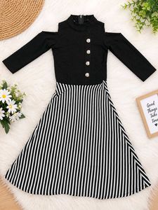 Stylish Black & White Striped Cold Shoulder Dress