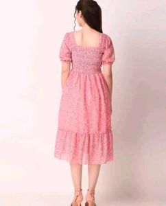 Pink Floral Smocked Puff Sleeve Dress