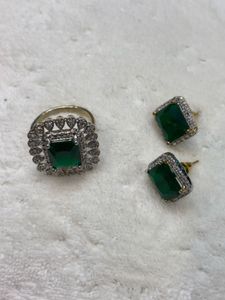 Emerald &amp; Diamond Studs &amp; Ring Set