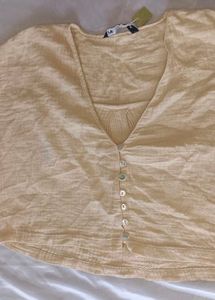 Cream Textured Button-Up Baggy Crop Top