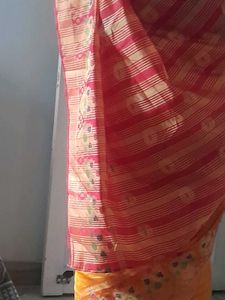 Vibrant Red &amp; Gold Silk Saree. without blouse