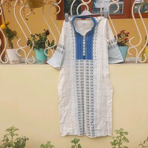 White And Blue Cotton Kurta