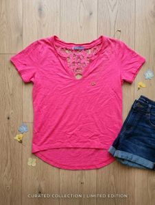Hot Pink V-Neck Lace Back T-Shirt