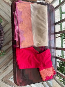 Vibrant Pink Silk Saree with Golden Border
