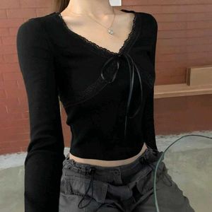 Black Lace Trim Tie-Front Top