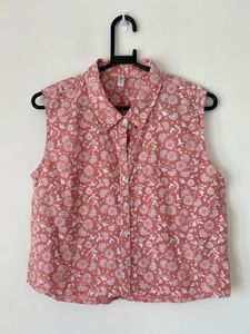 Sleeveless Floral Print Button-Up Shirt