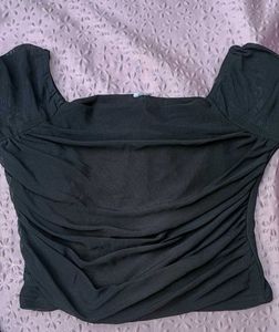 Chic Black Ruched Mesh Sleeve Top