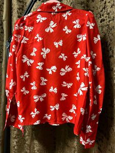 Red Bow Print Button-Up Shirt