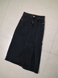 Black Denim Maxi Skirt with Slit