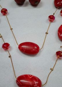 Vibrant Red Beaded Necklace &amp; Earrings Set