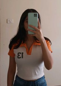 Retro Orange & White "13" Ribbed Polo Crop Top
