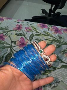 Stack of Blue Bangles with Embellished Bracelet